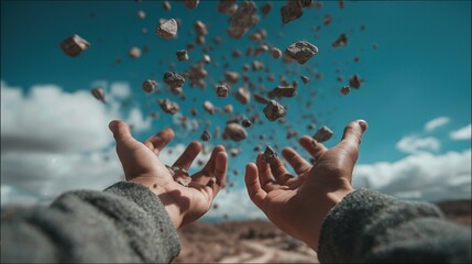 Hands reaching toward floating stones against a blue sky.