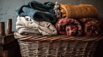 Wicker basket filled with folded clothes and blankets in warm tones, creating a cozy home atmosphere.