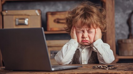 Stressed child sitting at desk with laptop, holding head in hands and refusing to work.