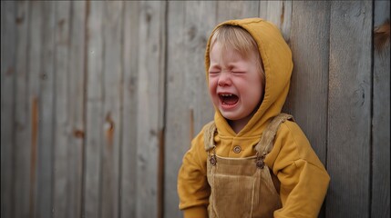 Crying toddler in hoodie standing against wooden wall, expressing strong emotions outdoors.