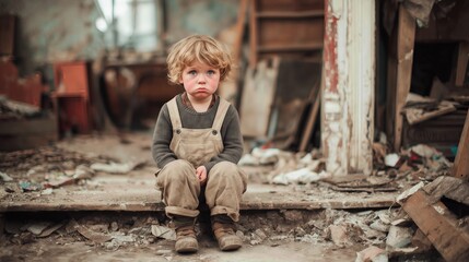 Lonely child sitting among debris inside abandoned building, looking sad and vulnerable.