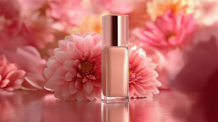 Elegant cosmetic bottle placed among pink flowers on reflective surface.