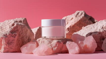 White cosmetic jar placed on pink rocks with bright background.