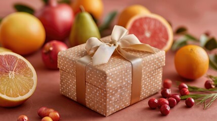 Soft pastel gift box with ribbon surrounded by fresh fruit on warm background.