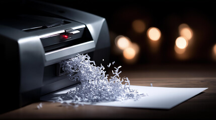Close-up of powerful paper shredder in modern office destroying confidential documents, paper strips falling, dramatic low key lighting