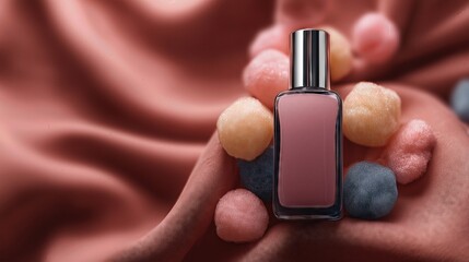 Minimal pink cosmetic bottle surrounded by soft decorative spheres on fabric background, modern beauty product mockup.