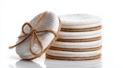 Stack of reusable cotton pads tied with rustic rope on white.
