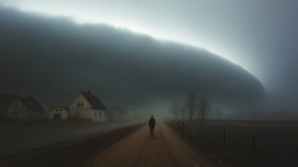 Lone figure walking on a rural road under heavy fog near houses.