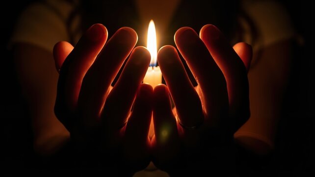 Cupped hands holding a lit candle in the dark. Silhouette of a person praying with a bright flame. Religious concept of hope, faith and remembrance
