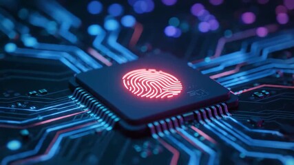 Abstract digital fingerprint on a microchip with glowing blue circuitry and bokeh background - Powered by Adobe