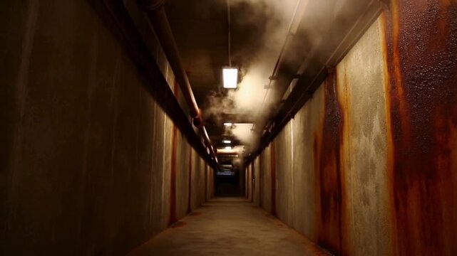 薄暗いコンクリートの通路　配管から蒸気