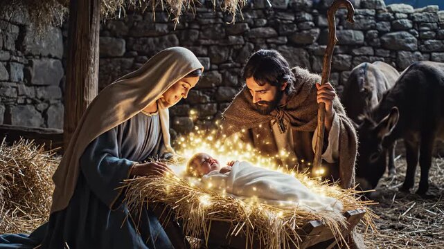 Parents look at newborn in a stable setting with straw and animals nearby. Soft light creates glowing effect. Concept of nativity, Christmas celebration, religious events