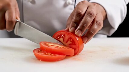 Chef slices ripe tomato into neat rounds using sharp knife on clean cutting board. Kitchen setting showcases prep work for various dishes. Concept of culinary arts, food preparation, cooking classes