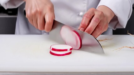 Chef slices red radish into thin rounds on white cutting board. Bright kitchen setting shows food preparation skills. Concept of culinary arts, cooking classes, restaurant management