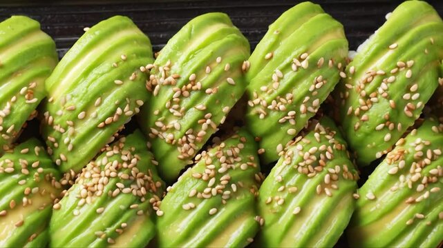 A close-up view of fresh sushi rolls topped with thinly sliced avocado and sesame seeds
