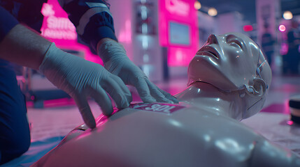 Paramedic conducting cardiopulmonary resuscitation training on mannequin