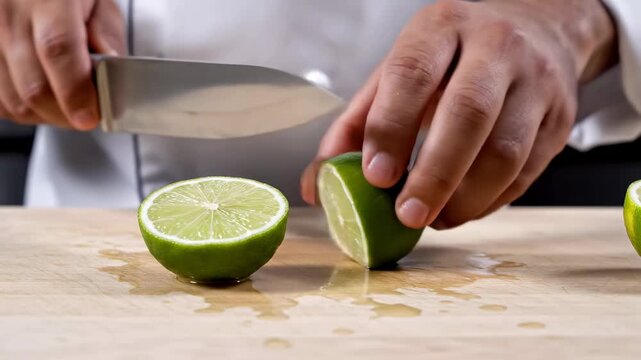 Chef cuts lime in two pieces using sharp knife on wooden cutting board. Clean kitchen setting, bright workspace with kitchen tools. Concept of cooking, culinary arts, food preparation