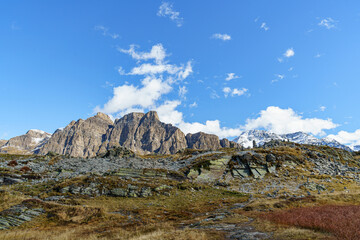 A Alps mountain range in Switzerland Pass Saint Bernardino with a clear blue sky in the background. The mountains are covered in snow and the grass is brown