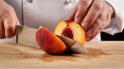 Chef slices peach on wooden cutting board in bright kitchen. Clean and organized space highlights cooking techniques. Concept of culinary arts, food preparation, kitchen services