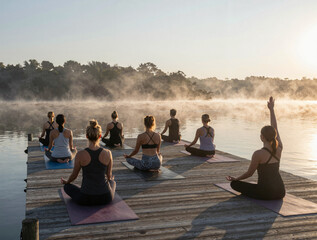Sunrise yoga on a wooden pier with silhouettes over a misty lake