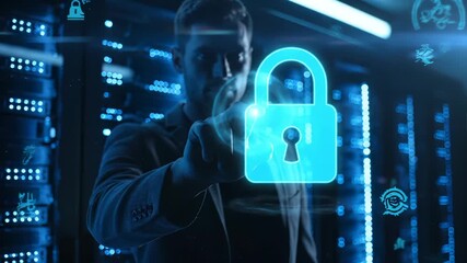 Man touches holographic padlock in server room datacenter for cybersecurity. IT specialist activates security padlock system. Man protects data with padlock icon. Server security in datacenter. - Powered by Adobe