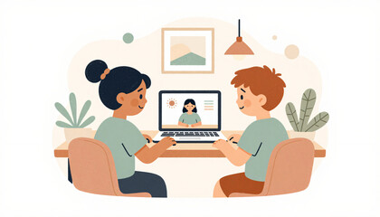 Children learning online via video call on laptop illustration