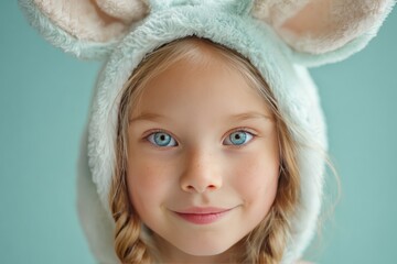 Close-Up Portrait Of A Young Girl Wearing Soft Easter Bunny Ears With Bright Blue Eyes And Freckles For Springtime, Family, And Easter-Themed Stock Photography