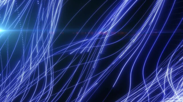 Abstract blue particle light trails forming flowing curves and glowing paths, illustrating motion, data streams, and advanced digital energy