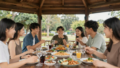 Friends sharing a potluck dinner under a park pavilion, laughing around a long wooden table