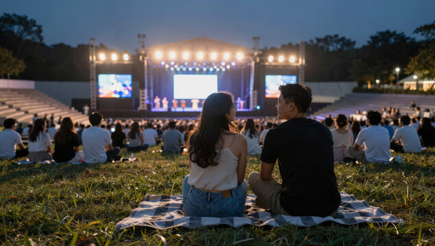 Romantic couple on a blanket at a nighttime outdoor concert in a public amphitheater