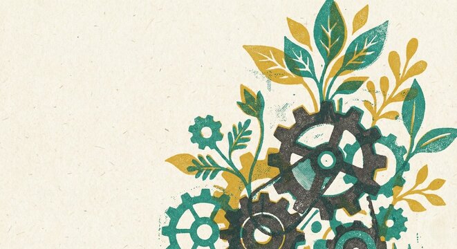 Gears and cogs interlinked with growing plants in retro risograph print style, sustainable industry concept