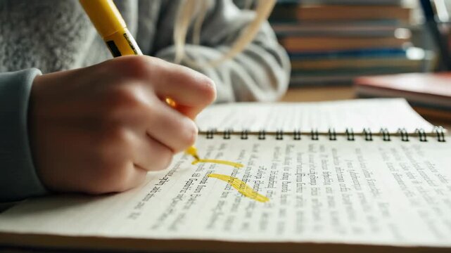 Student highlights notes with a yellow marker while sitting at a wooden desk. Bright indoor setting with stacks of textbooks. Concept of education, study skills, learning
