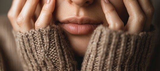 Macro Detail of Fingers Pressing Against Face with Blurred Sweater Texture