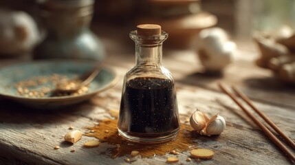 Rustic kitchen scene featuring a glass soy sauce bottle, glaze, and fresh aromatics on wood