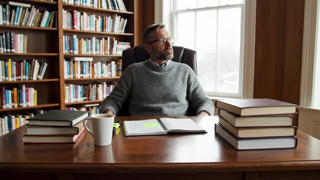 Man with glasses writing notes and highlighting text at wooden table in library. Natural light coming through window. Concept of education, research, learning