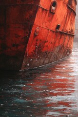 Close-up of Red Ship Hull with Chipped Paint and Seawater Reflection