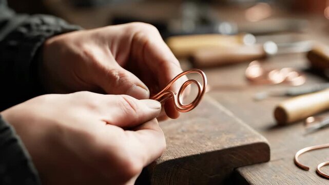 Craftsman manipulates copper wire to create circular design. Close-up of hands at work on wooden table surrounded by various tools. Concept of jewelry making, metalworking, artisan crafts