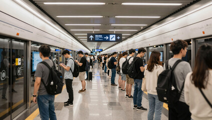 Modern subway platform during rush hour: orderly passengers, glass doors, and bright high-tech infrastructure.