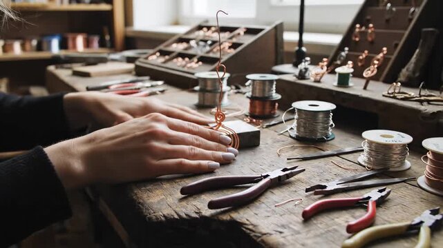 Hands shape wire into decorative spirals at wooden workbench. Well-lit space features tools and materials. Concept of jewelry making, crafting, handmade goods