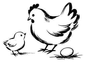 Obraz premium Hand drawn line art poultry set featuring a hen, a chick, and an egg in a nest for farm life and family concepts