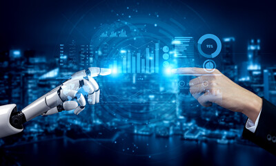 A human hand and a robotic hand connect in a futuristic environment, showcasing digital graphics and data analytics against a city skyline backdrop to illustrate technological progress. Scalp