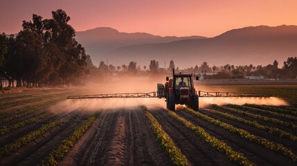 Fototapeta premium Tractor spraying crop fields at golden hour sunset