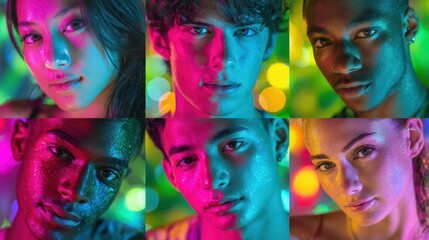 Neon-lit seven-portrait collage with energetic glow on a multicolored background