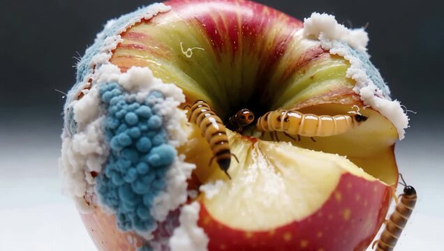 Macro shot of a bitten red apple covered in vivid blue mold and crawling mealworms, representing a severe food decay and infestation concept