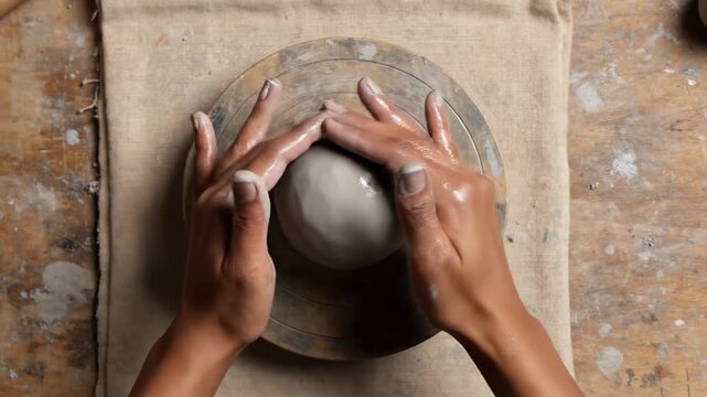 Hands mold clay on spinning pottery wheel in artisan studio. Natural light fills space, wood textures create warm atmosphere. Concept of pottery, craft, art studio