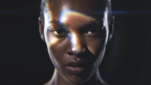 An artistic extreme close-up of a confident Black woman with shifting prismatic light on her face