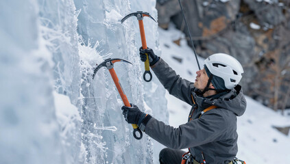 Climber on a vertical frozen ice wall using twin ice axes, intense focus amid ice splinters