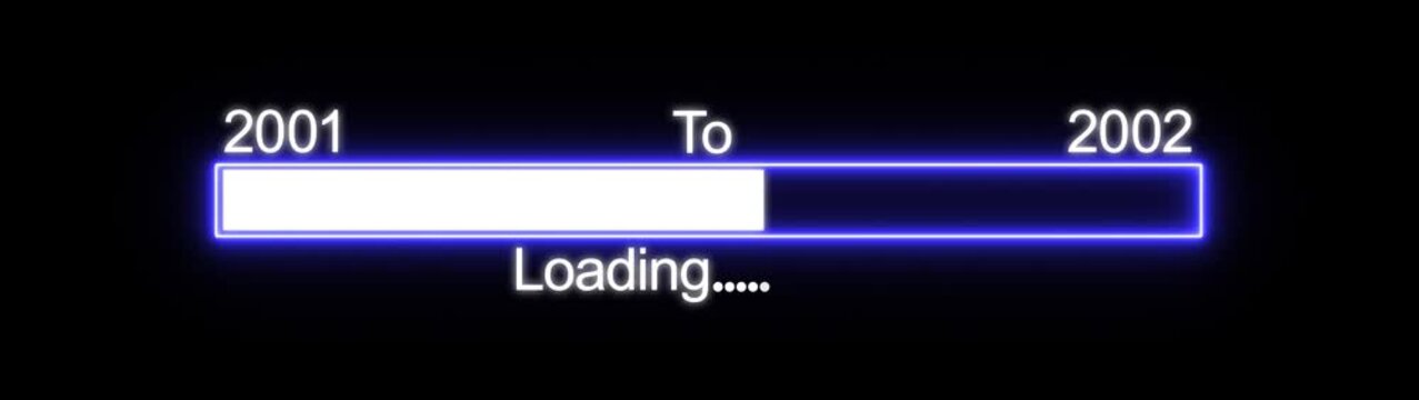 Year 2001 to 2002 Loading Progress Bar with Neon Blue Glow on Black Background
