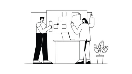 Two business professionals collaborating on a project with sticky notes and laptop in a minimalist office setting