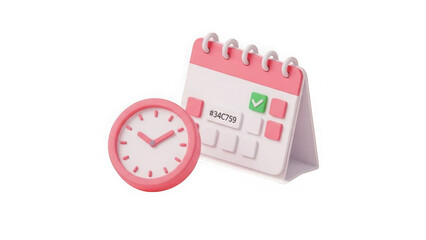 Pink clock and calendar with checkmark and alphanumeric code on. isolated on a transparent background